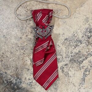 Elegant Red Striped Silk NeckTie Necklace with Butterfly Brooch